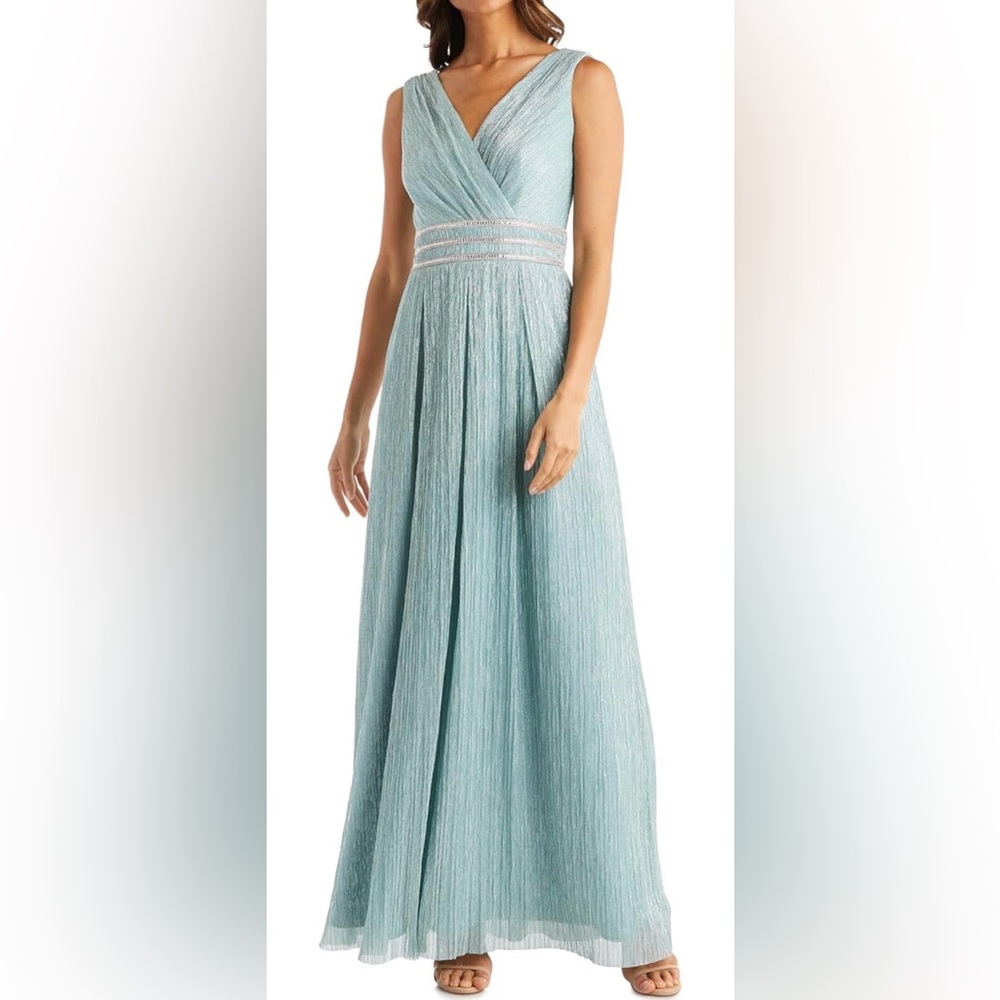 R&M Richards Pale Aqua Pleated V-Neck Maxi Dress